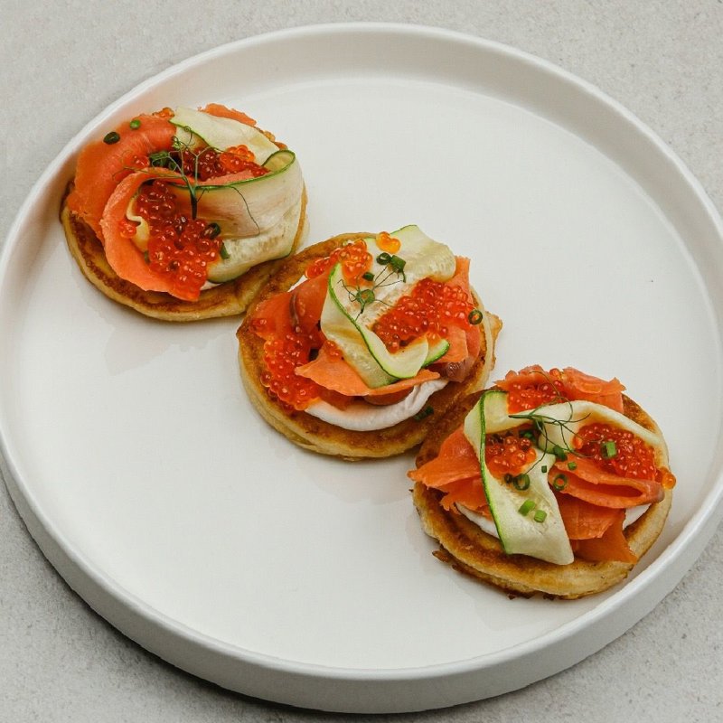Crepes with lightly salted trout and red caviar